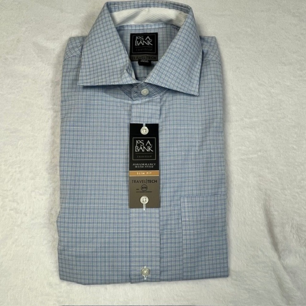 Jos. A. Bank Traveler Travel Tech Slim Fit Dress Shirt Blue Check 15.5 32 NWT